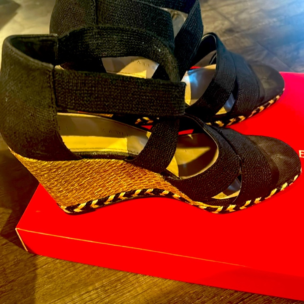 Kelly and Katie black linen wedge sandal like new